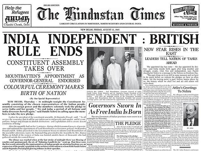 India is granted independence, and the country is partitioned into India and Pakistan. Hindus remain in India while Muslims migrate to Pakistan. It is the largest migration in history. The Indian constitution is completed two years later.
