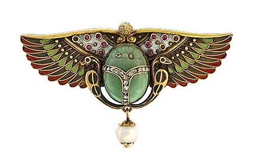 "Egyptian Revival Scarab Pin with Brightly Enameled Horus Wings," C. 1925