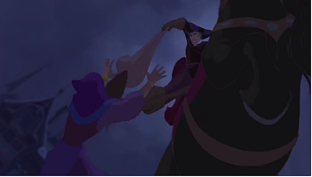 Frollo chased the mother to Notre Dame, took the baby from her, and kicked her to the ground killing her when she hit her head on the steps.