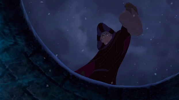 Learning that the baby was deformed, Frollo tried to throw it down a nearby well, but was stopped by Notre Dame’s Archdeacon.