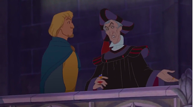 Frollo informs his new captain of the guard, Phoebus about his desire to purge Paris of Gypsies, including learning where their hideout is, the Court of Miracles.