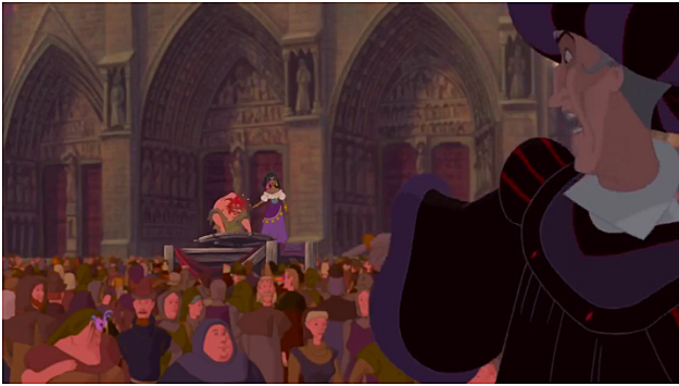 Frollo is outraged at the gypsy Esmeralda for defying him by freeing Quasimodo when he forbid it and tries to arrest her.