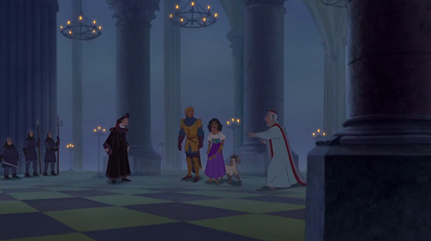 Frollo tried to arrest Esmeralda when she snuck into Notre Dame even when Phoebus said she claimed sanctuary, but was stopped by the Archdeacon.