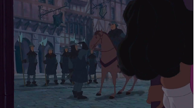 Unable to arrest Esmeralda as long as she was in the cathedral, Frollo ordered his soldiers to surround it if she tries to escape.