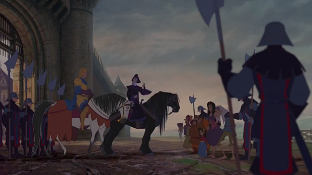 The next day, Frollo began his search by harassing a group of Gypsies for the whereabouts of Esmeralda.