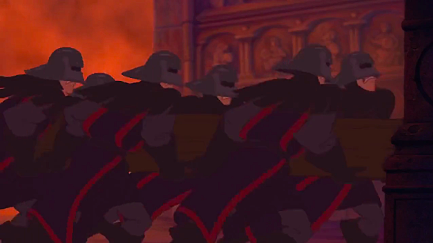 After Quasimodo saved Esmeralda and brought her back to Notre Dame, Frollo laid siege to the cathedral having his soldiers break down the door.