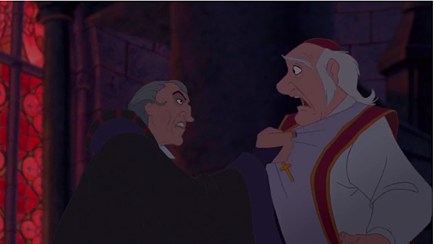 After breaking into the cathedral, Frollo tosses the archdeacon aside who tried to stop him, symbolizing his rejection of any morals he had