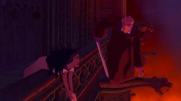 Frollo’s insanity peaked as he tried one last time to kill them before falling to his death into the molten iron that was poured during the battle earlier.