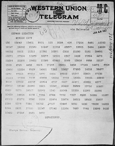 Zimmerman Telegram Intercepted by American Intelligence