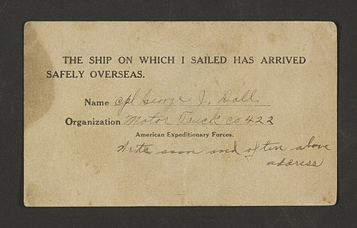 Official Red Cross postcard notifying Blanch Doll that her husband,George, had arrived overseas