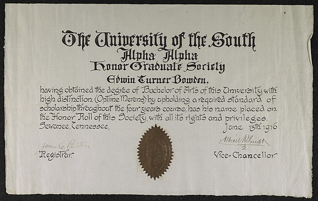 Bachelor of Arts diploma from the University of the South (Veteran)
