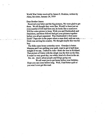 Letter to Hoskins from his sister Alma