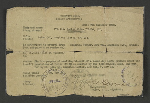 Identity card for Forbes Allan [11/7/1918]