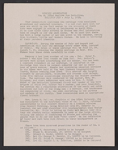 Bulletin #13 of the Welfare Association Co. A, 102nd Machine Gun Battalion