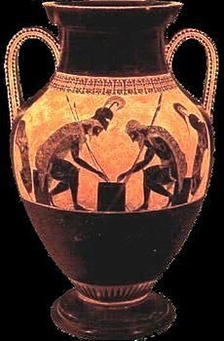 Arte Griego.Ánfora con Ayax y Aquiles jugando a las damas. Periodo Arcaico
