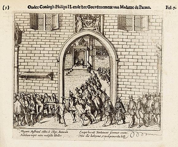 Een groep edelen boden een Smeekschrift aan Margareta van Parma.
