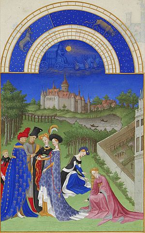 Prof - La représentation de l'espace / Frères de Limbourg + Barthélemy d'Eyck + Jean Colombe - "Les Très Riches Heures du duc de Berry / Avril" (Manuscrit commandé vers 1410 et terminé en 1486, peinture sur vélin, 29 x 21 cm, Musée Condé, Chantilly)