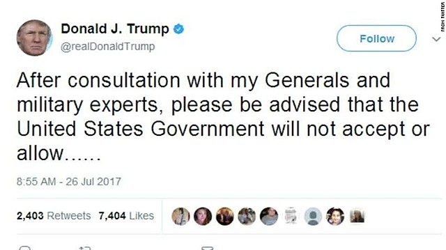 President Donald Trump announces via Twitter that the "United States Government will not accept or allow Transgender individuals to serve in any capacity in the US Military