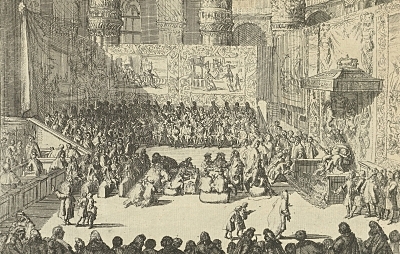 Guillermo III se presenta como Rey de Inglaterra ante el Parlamento (1689) (detalle).  Fue él quien aprobó la carta de derechos (Bill of Rights) que convirtió a Inglaterra en una monarquía parlamentaria