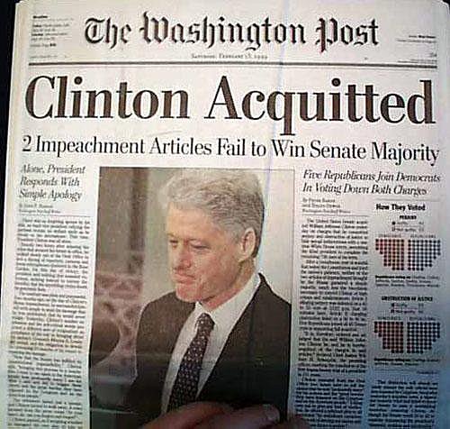 US President Bill Clinton acquitted by the Senate in his impeachment trial
