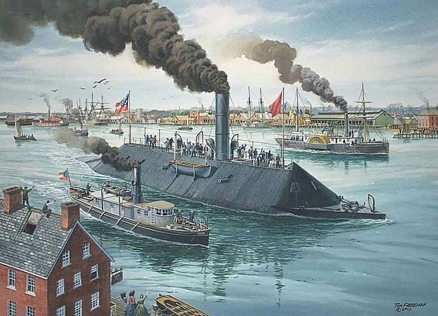 The first naval battle between ironclad warships occurs at Hampton Roads