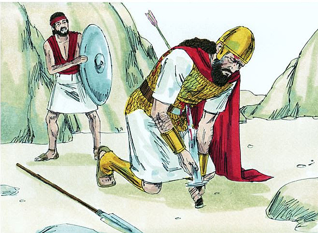 Yahweh rejects Saul as king for disobedience (fails to kill livestock and foreign king because he doesn't want to disappoint his army) and Saul dies in battle as a failed leader.