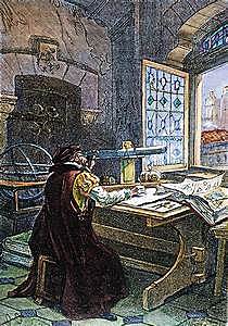 Galileo displays the telescope