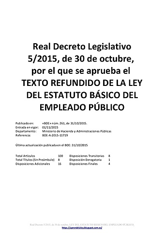 Real Decreto Legislativo 5/2015, de 30 de octubre, por el que se aprueba el texto refundido de la Ley del Estatuto Básico del Empleado Público