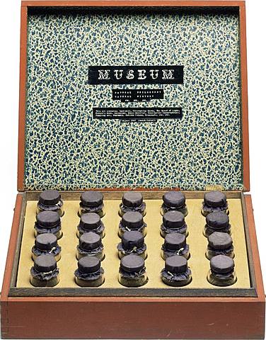 Prof - La collection / Joseph Cornell - "Museum" (Bois, verre, papier, divers éléments, 5,5 x 21,5 x 17,7 cm, boîte avec 20 flacons en verre contenant divers éléments, Centre Pompidou, Musée National d'Art Moderne, Paris, Surréalisme)