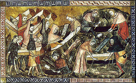 Illumination showing the Black Plague, this fact was so shocking and there was too many deaths that artists in that time show facts like this mass burial