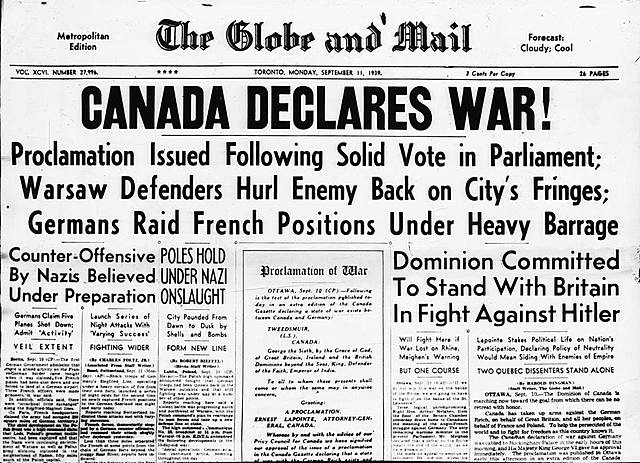 Canada declares war on Germany and its Allies