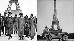 Hitler takes Paris and walks with his entourage near the Effel Tower.