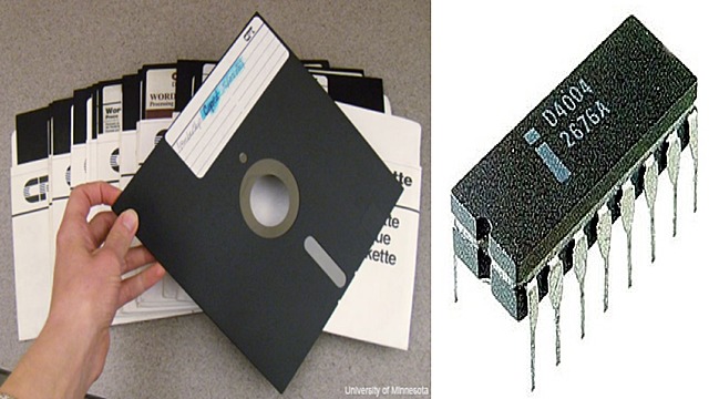 Intel fabrica y saca al mercado el primer microprocesador de silicio, IBM se inventa el disco flexible