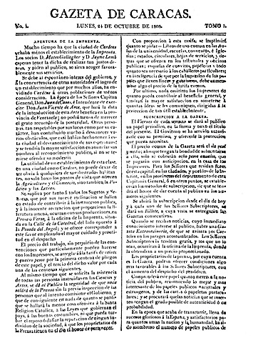 Primer número de la Gaceta de Caracas