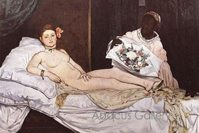 Manet marries Suzanne Leenhoff. The Luncheon on the Grass, one of Manet's major early works, is rejected by the Paris Salon and is instead exhibited at the Salon des Refusés. This year Manet also paints another important work, Olympia.