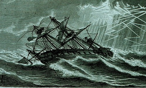 A Russian ship crashes against the rocks.