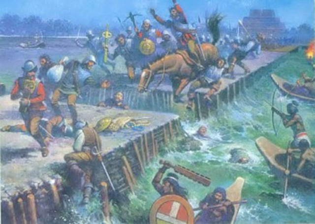 The Spanish attempt to escape from Tenochtitlan but are stopped by the Aztecs - later referred to as the Noche Triste