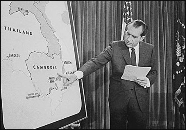 President Nixon stuns Americans by announcing U.S. and South Vietnamese incursion into Cambodia