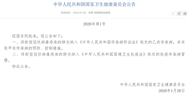 国家卫健委发布公告，宣布将新型冠状病毒肺炎纳入乙类传染病，但按甲类防控。根据《传染病防治法》，甲类传染病仅包括鼠疫和霍乱。