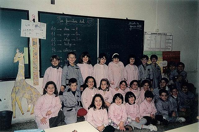 Classe nens i nenes diferenciats per bates de color rosa i blau.