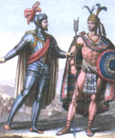 Cortes and Moctezuma meet