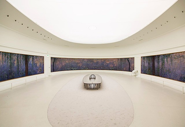 Prof - Echelle / Claude Monet: "Les Nymphéas" (Huiles sur toile. Ces 8 compositions font 2 m de haut, leur longueur varie de 5,99 m à 17,00 m. L’ensemble monumental couvre environ 200 m2 de murs. Musée de l'Orangerie, Tuileries, Paris, Impressionnisme)