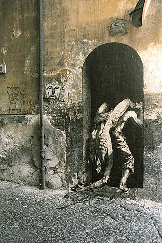 Prof - L'espace comme matériau et support possible / Ernest Pignon Ernest: "Naples" (dessins éphémères au fusain et à la pierre noire sur papier journal et sérigraphies collés sur les murs de la ville de Naples, Italie, Art urbain, Street Art)
