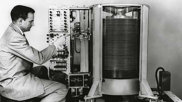 First disk drive for random-access storage of data