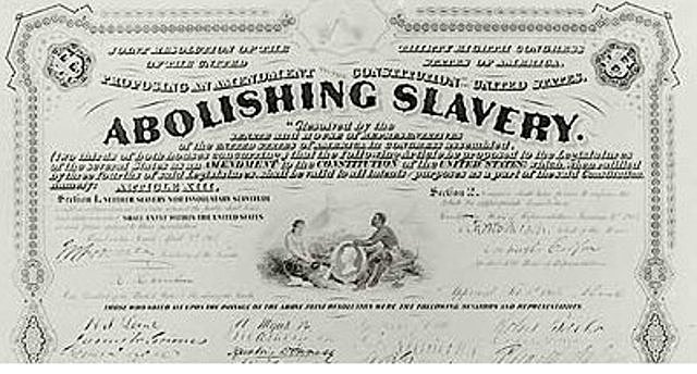 Thirteenth Amendment to the constitution is ratified, prohibiting slavery.
