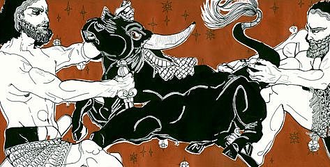 Enkidu and Gilgamesh hunt the demon Humbaba