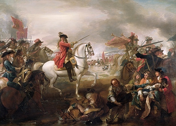 Decisive battle for the throne of England between King James 2. of England and his son-in-law William of Orange