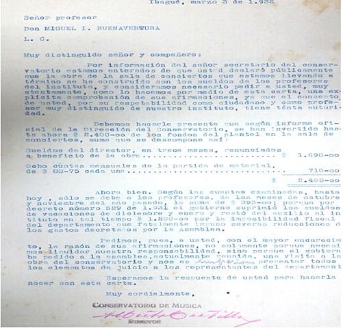 Carta de Alberto Castilla a un docente del Conservatorio.
