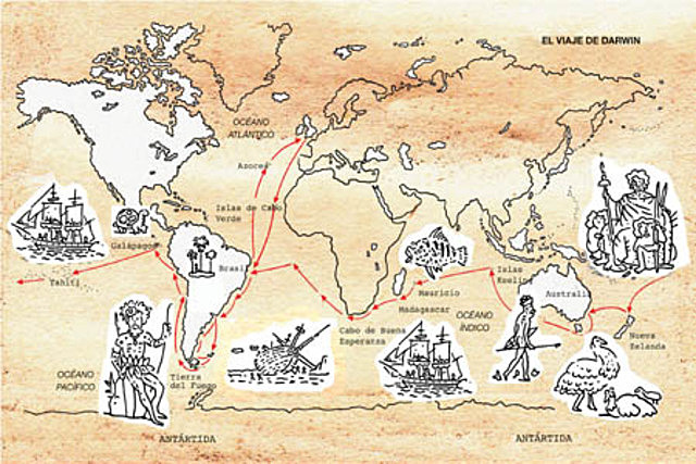 Darwin hace el viaje abordo del Beagle por buena parte del globo terráqueo