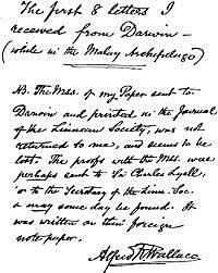 Recibe una carta de Alfred Russel Wallace.